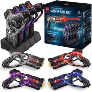 set of 4 rechargeable laser tag blasters w/ docking station, no vests needed